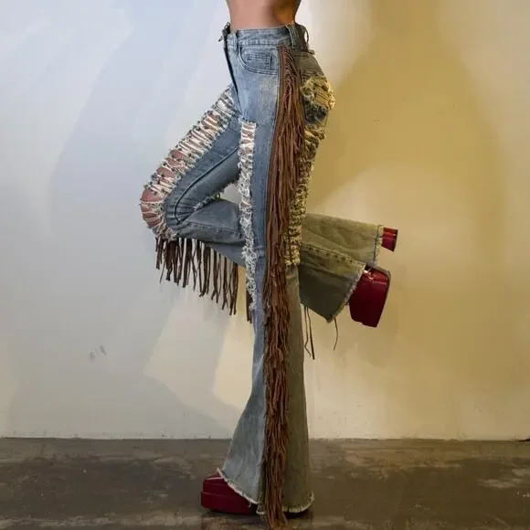 Bell Bottom High Waisted Jeans with Fringes S - Picture 2 of 8